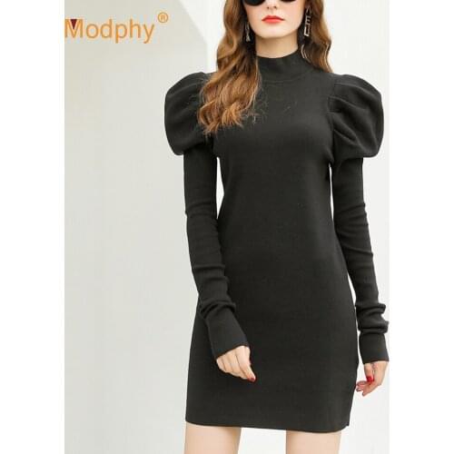 Elegant Bubble Long Sleeve Knitted Ladies Dress Turtleneck Bodycon Mini Sweater Vestidos Party Female Clothing 2020 Winter New