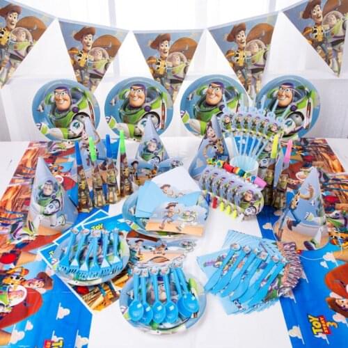 Disney Anime Figures Party Supplies Toy Story Theme Birthday Decoration Cartoon Woody Buzz Lightyear Banner Plate Cup Knife Horn