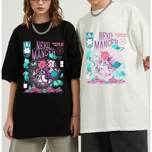 Harajuku YF Neko Mancer T Shirt Oversized Unisex Fashion Cute Aesthetic Grunge Black Satantic Gothic Clothing Witch Tee Shirt