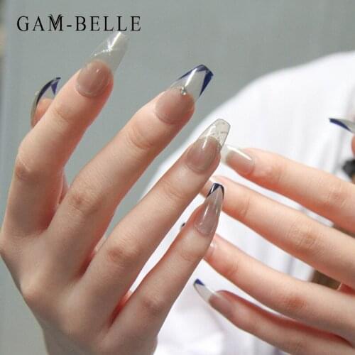 GAM-BELLE 24Pcs French Glitter Stripe Pattern Fake Nails Detachable French Long Ballerina Press On Nails Artificial False Nails