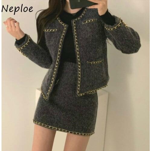 Neploe Autumn Winter New Suit Korean Elegant O-neck Double Pockets Slim Fit Jacket + Panelled Bodycon Skirt Fashion 2 Piece Set