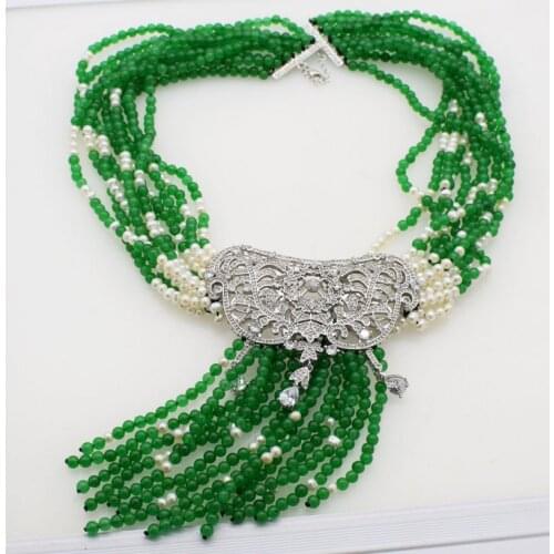 10rows freshwater pearl near round 3-5mm +green jade &zircon pendant necklace 19inch FPPJ wholesale beads nature