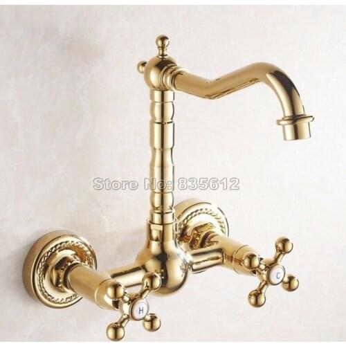 Gold Color Brass Swivel Spout Kitchen Sink Basin Faucet / 2 Hole Wall Mounted Vessel Sink Dual Handles Mixer Taps Wgf018