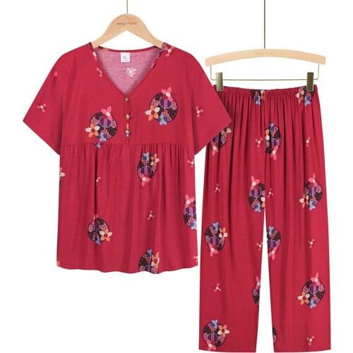 Summer Womens Clothes New Arrival 2021 Loose Short-Sleeve Pants Sets Home Cotton Plus Size Mother Lounge Calf-Length Pants Red
