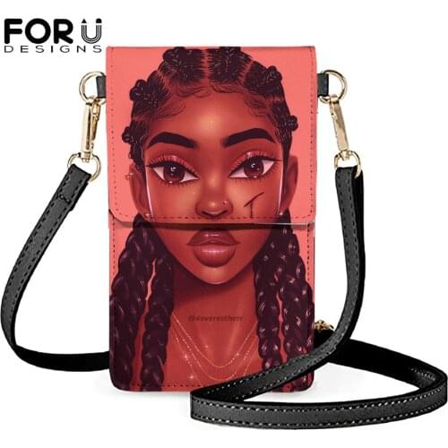 FORUDESIGNS Black Girls African Art Printing Small Pu Leather Cell Phone Bag Womens Touchscreen Hasp Shoulder Bags Cross Purses