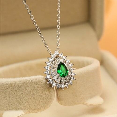 Cute Female Green Zircon Pendant Necklace Charm Crystal Chain Necklaces For Women Dainty Water Drop Wedding Necklace