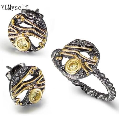 Round hollow Stud Earrings ring sets Black/Gold 2 Tone color Vintage Nice Jewellery Jewelry 2pcs set for women