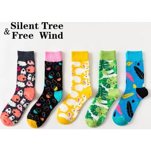Funny Colorful Casual Combed Cotton Mens Socks Harajuku Street Hip Hop Happy Sloth Dinosaur Koala Leaf Long Socks For Men