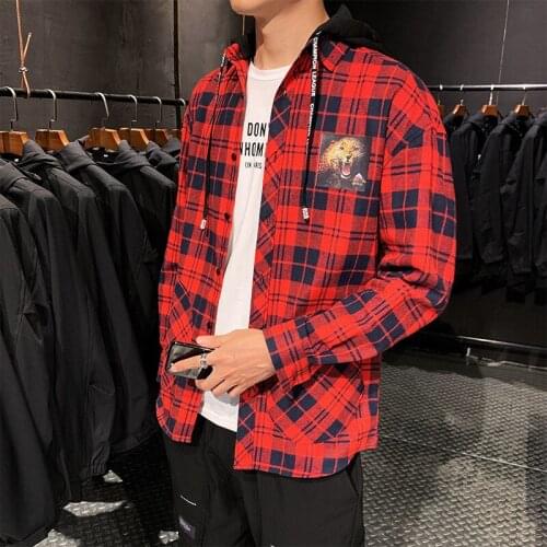 New Harajuku Fashion Mens Plaid Shirts Long Sleeve Streetwear Tee Tops with Front Pocket Male Loose Streetwear Hooded Shirts