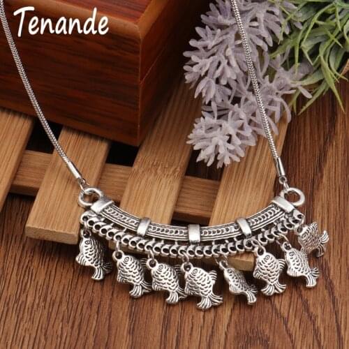 Tenande Boho Tibet Silver Color Fish Tassel Necklaces Vintage Hollow Carved Statement Necklaces Pendants for Women Accessories
