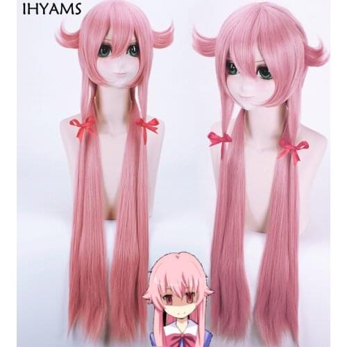 The Future Diary Yuno Gasai 100cm Long Pink Straight Styled Anime Cosplay Wig Mirai Nikki Synthetic Hair Wigs + Wig cap