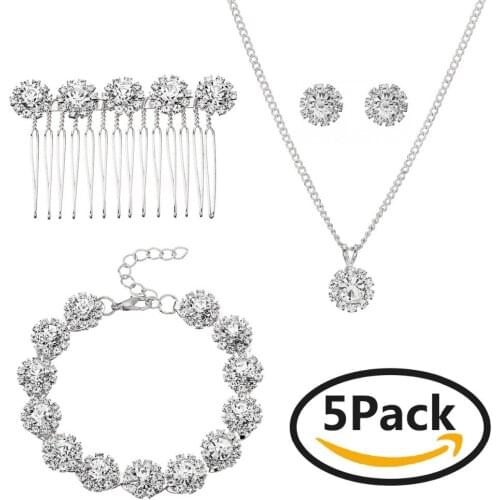 Luxurious Wedding Crystal Necklace Hair Comb Bracelet Bridal Jewelry Set Gift for Women 5pcs/set Party Wedding Decoration