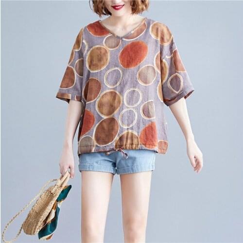 Retro Leisure Femme Tshirt Cotton Linen Tops Summer Polka Dot Printing V Neck T Shirt Women Loose Drawstring Hem Big Size Tees