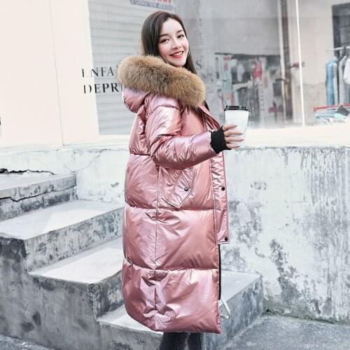 URSPORTTECH Winter Jacket Women Long Parka Big Fur Hood Thicken Warm Winter Long Coat Women Cotton Glossy Down Jacket Oversized