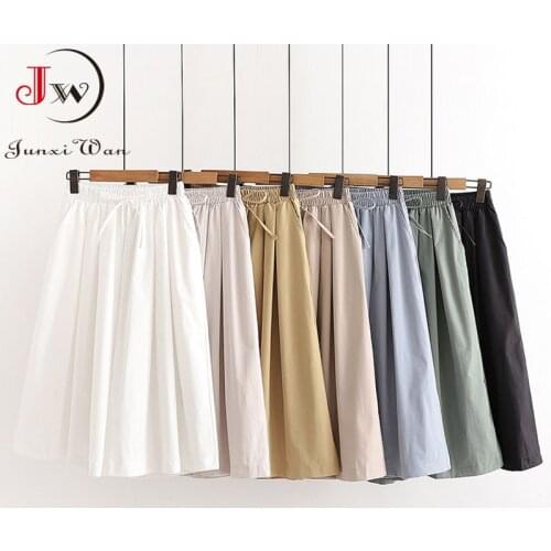 Women Summer Shorts Skirts Solid Elastic Waist Loose Casual Elegant Cotton Wide Leg Pants Korean Style Girls Midi Trousers