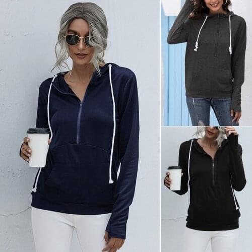 Women Autumn Long Sleeve Half Zipper Solid Sweatshirt Drawstring Hoodies Casual Loose Pullover with Pocket