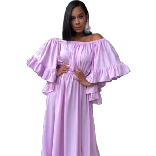 Dresses Woman Summer 2021 Bohemian Loose Large Size Long Paragraph Collar Waist Purple Color Pile Sleeve Big Swing Dresses