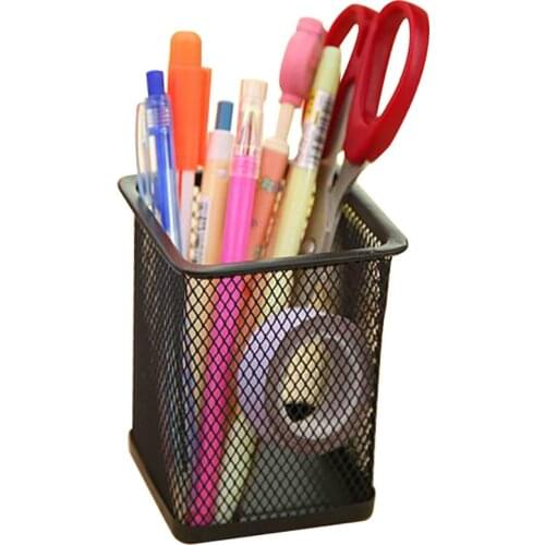 1Pcs Pen Holders Desk Organizer Pen Pencil Holder Storage Tray Desktop Office Metal Mesh Black Hollow Out Container Desktop Tool
