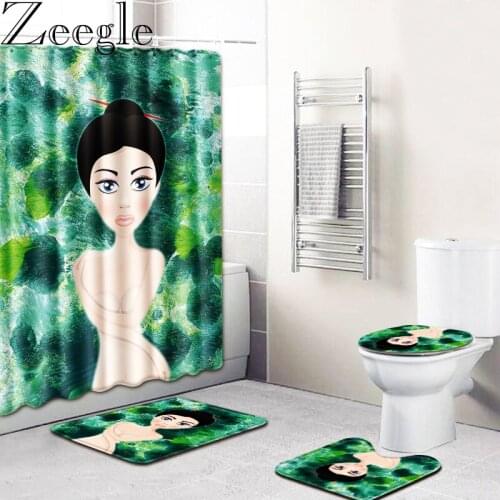 4Pcs Sexy Women Bathroom Bath Mat Set Waterproof Shower Curtain Pedestal Toilet Seat Mat Lid Cover Bath Mat Toilet Rugs