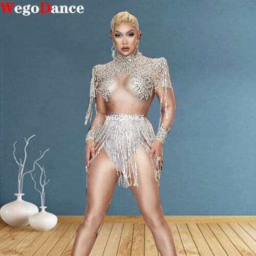 Shining Big Crystals Mesh Sexy Bodysuit Sparkly Rhinestones Chains Fringes Outfit Nightclub Party Wear Costume