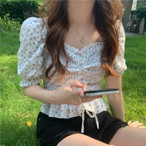 Blouses Women Print Sweet Girlish Summer Aesthetic Puff Sleeve Female Simple Cozy Streetwear Crops Bandage Korean Preppy Style