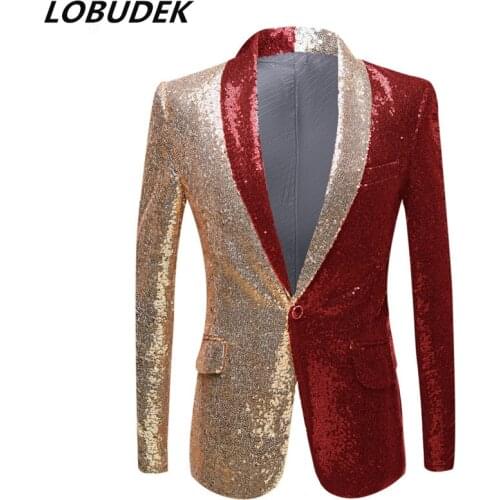 Mens Splicing Color Blazers Golden Red Black Sequins Suit Jacket Night Club Singer Host Stage Performance Costume Party Wear
