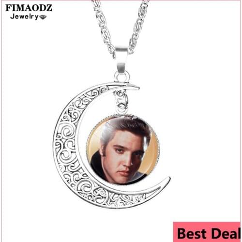 FIMAODZ Elvis Singer Pendant Necklace Famous Star Glass Art Photo Fashion Moon Necklaces Fans Jewelry