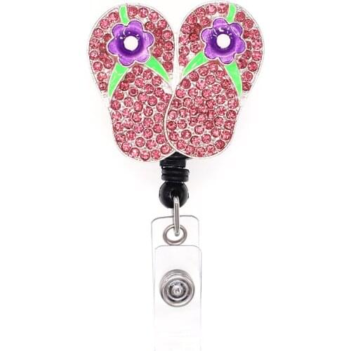 Hot Sale Cute Pink Slippers Rhinestone Retractable Id Badge Holder Reel