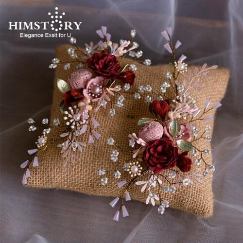 Himstory bridal wedding hairband vintage red flowers Hairpins Crystal bride handmade headdress Accessories Hair Jewelry