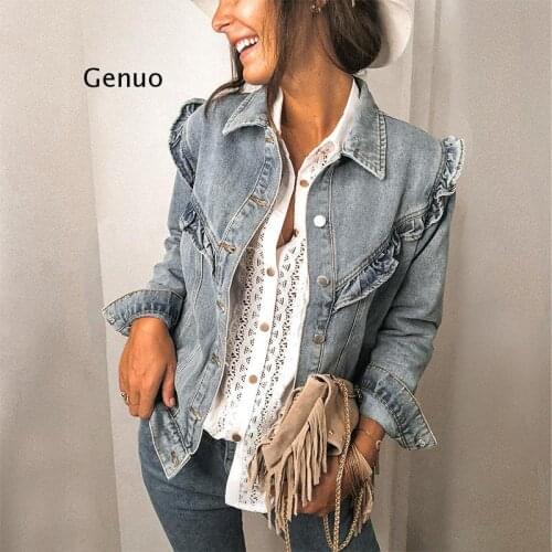 Spring Autumn Ruffles Denim Jacket For Women Casual Pocket Jacket Femme Overcoat Long Sleeve Single Breasted Chic Jean Coat