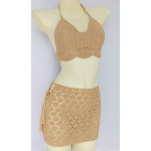 Summer Woman 2 Pieces Swimsuit Crochet Bikini Top With Chest Pad And Bandage Hollow Out Mid Waist Beach Skirt Bikini Cover Up