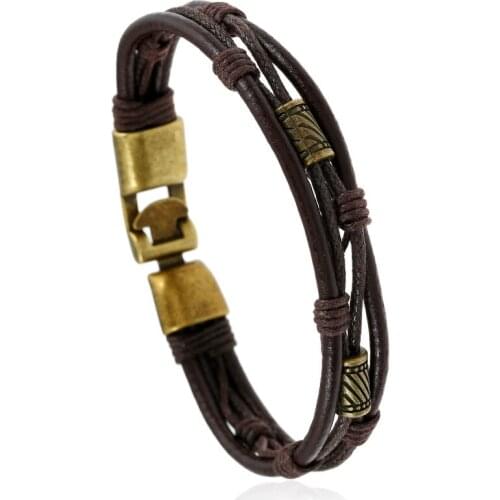 New Trendy Casual Handmade Punk Retro Brown Cowhide Woven Cuff Male Multilayer Charm Genuine Leather Men Bracelets Women Jewelry
