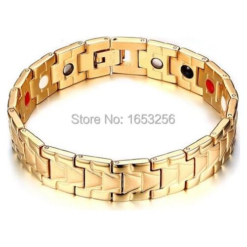 Gold Pure 316L Stainless Steel Health magnet Stone Link Chain Bracelet Bangle 13mm 8.26'' For Men High Quality Jewelry