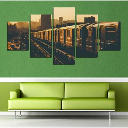 Canvas Wall Art Pictures Living Room Home Decor 5 Pieces Train City Landscape Painting Modular HD Prints Retro Poster Framework