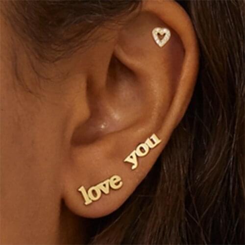 New Fashion LOVE YOU Heart Stud Earrings for Women Vintage Rhinestone Heart Letter Cartilage Earrings Set Statement Jewelry Stud