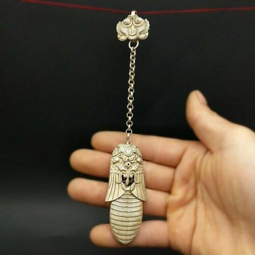 Collection Old China Copper Silver Carving Cicada Bat Ancient Needle Sac Pendant