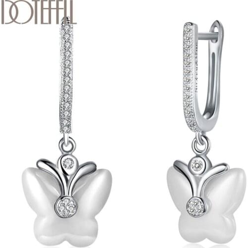 DOTEFFIL 925 Sterling Silver AAA Zircon Ceramic Black/White Butterfly Earrings Charm Women Jewelry Fashion Wedding Party Gift