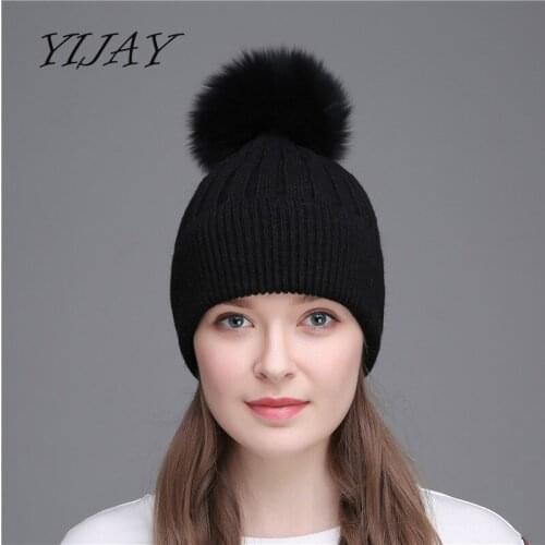 Real fox fur pom poms ball keep warm winter skullies hat for women girls wool hat knitted beanies cap casual fashion caps