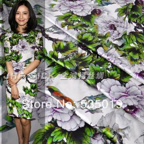 Floral Silk Print Fabric Wax Lace Prints Fabric Silk Material Dress Elastic Satin White Peony Printed Textile Fabric For Sewing