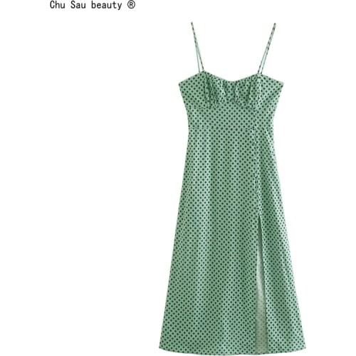 Chic Fashion Polka Dot Sling Dress Side Slit High Waist Slim Mid-Length 2021 Summer New Sexy Folds Dresses Women Vestido