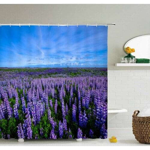 Flower Landscape Lavender Shower Curtains Bathroom Decor Bath Purple Curtains Waterproof Polyester Fabric 12 Hooks Set Mat