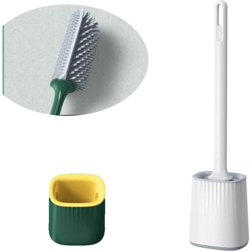 Silicone Toilet Brush Water Leak Proof With base Wc Flat Head Flexible Soft Bristles Brush with Quick Drying Holder Wall hanging