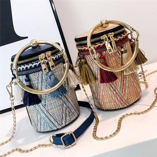 Tassel Design Unique Single Shoulder Bag New Fashion Contrast Color Chain Diagonal Cross Ring Portable Cylinder Bag Handbags