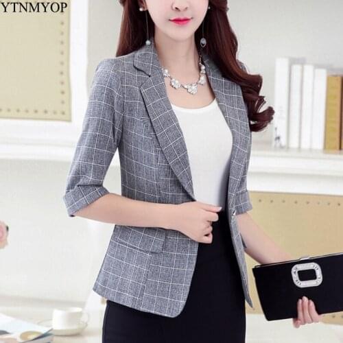 YTNMYOP Women Plaid Blazer Slim One Button Three Quarter Office Lady Suit Coat Outerwear Tops
