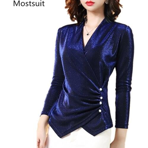 M-4xl Royal Blue V-neck Shiny Blouses Tops Women Plus Size Spring Autumn Long Sleeve Slim Office Korean Elegant Pullovers Blusas