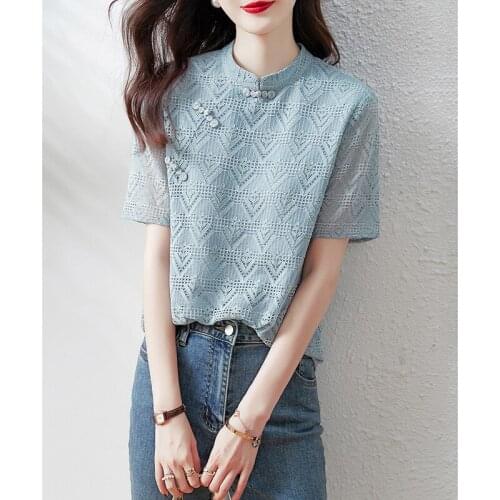 National style retro lace jacquard collar short sleeve button shirt womens new temperament blouse in summer of 2021