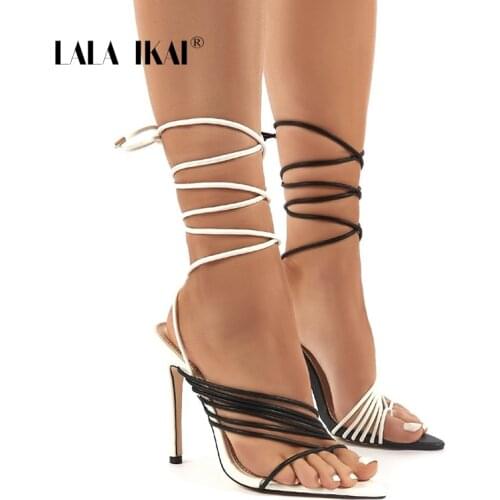LALA IKAI 2021 Spring Summer New Peep Toe High Heels Color Matching Lace-up Womens Sandals 11CM Female Shoes Zapatos de mujer