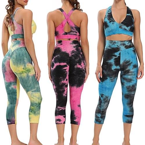 Women Fitness Yoga Sets Newest Textured Sports Suits High Waist Gym Fitness Pants Sportswear Workout Bra+Capris Leggings