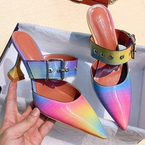 Nice Slides Women Metal Decoration Thin High Heels Sandals Slippers Vintage Pointed end Elegant Ladies Shoes Size 34-42