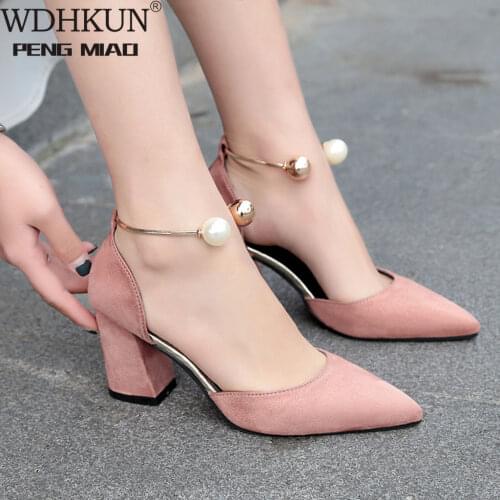 Women Ladies Spring Summer Fashion Pearl Ring Solid Color Causal Single Shoes Sandals Thick Heels Women Party Shoes 2020